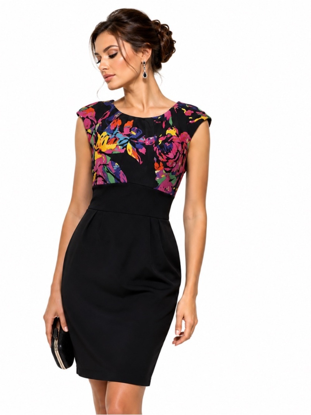 Trina Turk Black Silk Multicolor Floral Cap Sleeve Cocktail Sheath Dress Size 8